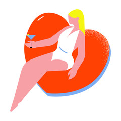Blond-haired woman in white swimsuit resting on the red floating rubber ring in form of heart. Vector illustration in cartoon style.