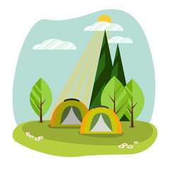 Sunny day landscape illustration in flat style with two tents and forest. Concept summer camp, nature tourism, outdoor activity, camping, trekking, hiking, glamping.