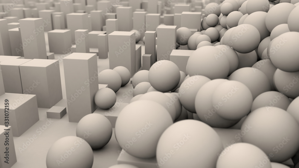Poster 3d rendering of a set of white balls among cubes and other geometric objects. abstract image for scr