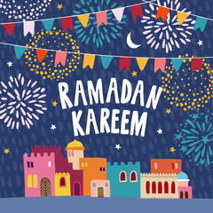 Greeting card, invitation for muslim holiday Ramadan Kareem. Garland of bunting flags, colorful houses, moon, stars and fireworks at night. Vector illustrations, flat design, textured backgound.