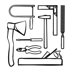 Carpenter tools set in doodle style isolated on a white background. Services construction, decoration, repair of houses, offices. Sales and rentals building instruments