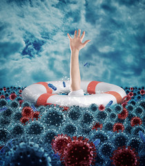 Hopeless businessman needs help because goes down under the sea of viruses and bacteria. Concept of...