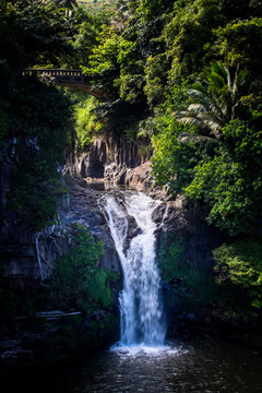 Waterfall at Haleakala National Park in Maui Hawaii with Bridge Above