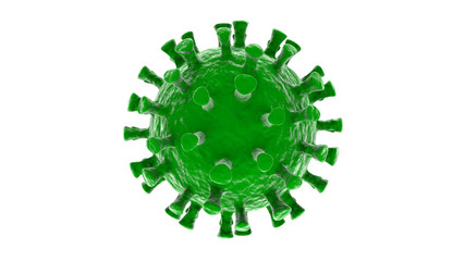 3D rendering of a green coronavirus with long tentacles isolated on a white background. Illustration for medical banners and advertising compositions. The idea of a threat from a coronavirus pandemic