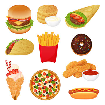 set of fast food icons on white background. Cartoon style. Vector illustration. Isolated on white. Object for packaging, advertisements, menu. Burger, pizza, burito, tacos, hotdog.