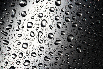 Closeup water drops on stainless steel textured metal surface, beautiful background with copy space...