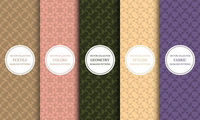 Set of vector seamless colorful patterns with geometric shapes. Elegant decorative textures. Vintage fabric backgrounds