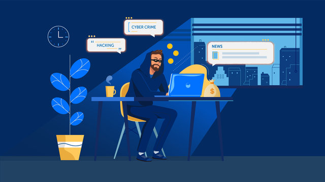 Criminal, burglar or cracker wearing black hats, masks and clothes stealing personal information from computer. Concept of hacker internet activity or security hacking. Cartoon vector illustration.