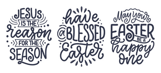 Fototapeta premium Set with calligraphy lettering slogans about Easter for flyer and print design. Templates for banners, posters, greeting postcards. Vector