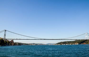 Fatih Sultan Mehmet Bridge also known as the Second Bosphorus Bridge over mansions on the Bosphorus Strait at Rumeli Hisari Istanbul Turkey