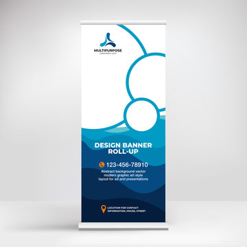 Banner roll-up for water Park, creative concept for presentations and advertising, template for posting photos and text. Modern blue background with sea waves