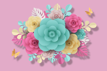 Flower paper style, colorful rose, paper craft floral, Butterfly paper fly, Vector Background.