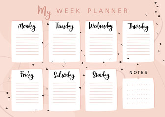 Scandinavian week planner template. Organizer and schedule with notes.