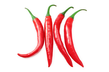 red hot chili peppers isolated on white background. top view