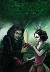 snowwhite and the evil witch who offers him poisoned apple