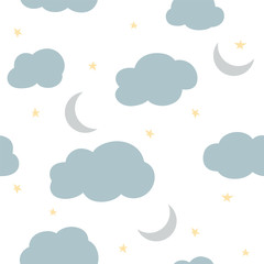 Seamless pattern with cute clouds. Ornament for textiles and wrapping. Vector background