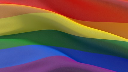 The rainbow flag, LGBT pride flag or gay pride flag waving at wind. 3D illustration.