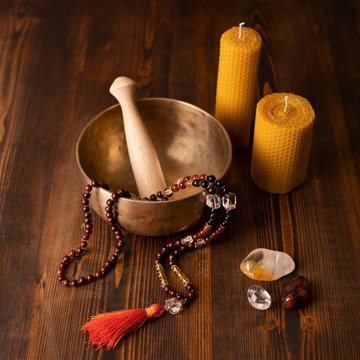 Handmade Bronze Himalayan Singing Bowl and candles