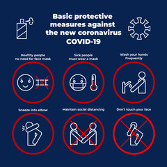 Basic protective measures against the new coronavirus COVID-19 - infographic. Icons