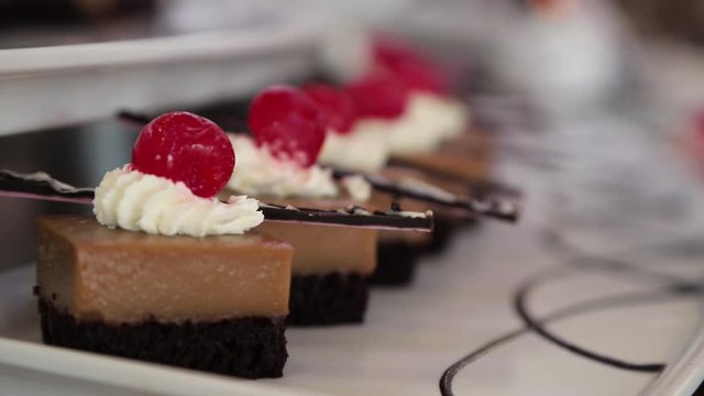 Amazing Candy Bar at hotel. Tasty candy buffet. Camera movements. Close up.