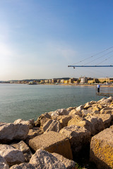 Stone blocks and shore-operated lift net at the Port of Senigallia, Province of Ancona, Marche Region, Italy, Chinese fishing net