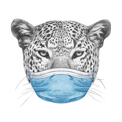 Portrait of Leopard with face mask. Hand-drawn illustration.