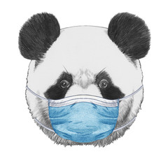 Obraz premium Portrait of Panda with face mask. Hand-drawn illustration.