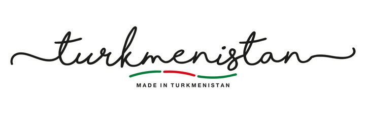 Made in Turkmenistan handwritten calligraphic lettering logo sticker flag ribbon banner