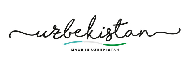 Made in Uzbekistan handwritten calligraphic lettering logo sticker flag ribbon banner - obrazy, fototapety, plakaty