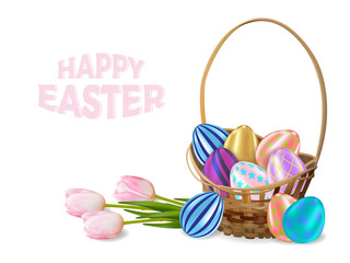 Happy easter concept. Easter eggs lie in a basket. A bouquet of tulips is located behind the basket.