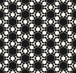 Vector monochrome seamless pattern. Abstract dark geometric background. Delicate linear texture with prickly figures, triangles, hexagons. Subtle hexagonal grid. Design element for prints, digital