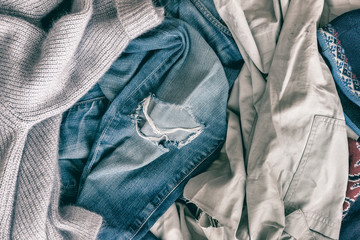 Pile of old dirty clothes. Recyclable textile concept