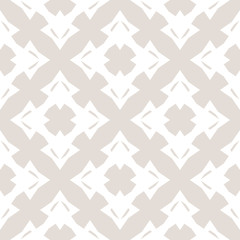 Vector ornamental pattern in Asian style. Subtle abstract geometric seamless texture with star shapes, floral figures, crosses, grid, lattice. Simple white and beige background. Delicate repeat design