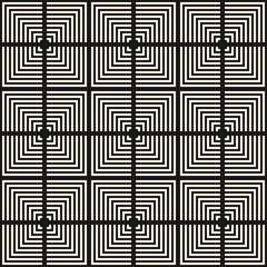 Vector geometric seamless pattern. Monochrome geometrical texture with lines, squares, stripes, repeat tiles. Abstract graphic linear ornament. Modern stylish black and white background. Simply design