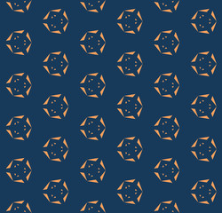 Minimalist geometric seamless pattern with simple triangular shapes, small elements. Abstract background texture, repeat tiles. Deep blue and orange color. Design for decor, package, wallpapers, cloth