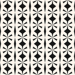 Vector seamless geometric pattern. Black and white abstract texture with floral shapes, rhombuses, grid, lattice. Ethnic tribal motif ornament. Simple monochrome background. Repeatable design