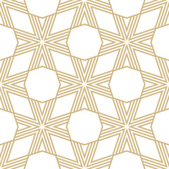 Golden vector geometric seamless pattern. Stylish linear background with lines, stripes, grid, net, mesh, lattice. Abstract white and gold texture. Modern ornamental repeat design for decor, print