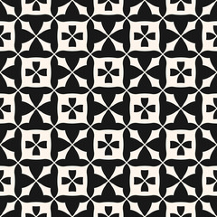 Simple monochrome floral seamless pattern. Vintage geometric texture with flowers, squares, grid, lattice, repeat tiles. Vector abstract black and white background pattern. Repeatable design element
