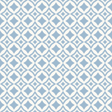 Vector abstract floral seamless pattern. Subtle blue and white background. Simple geometric ornament. Delicate graphic texture with diamond shapes, stars, rhombuses, square grid. Design for decoration