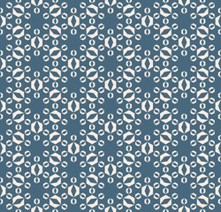 Vector geometric seamless pattern with small hexagonal shapes, floral silhouettes, grid. Simple abstract texture in soft blue and beige color. Minimal repeat design for decor, wallpapers, wrapping