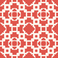 Vector geometric seamless pattern with abstract floral shapes, crosses, squares, circles, repeat tiles. Ornament texture in red and white color. Traditional ethnic motif. Simple background design