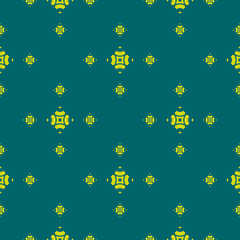 Vector minimalist seamless pattern. Abstract geometric floral background in dark green and lime color. Minimal ornament texture with simple small flowers. Repeat design for decoration, fabric, textile
