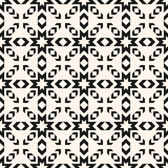 Vector geometric seamless pattern. Abstract black and white texture with stars, crosses, arrows, grid. Tribal ethnic motif. Folk style geometrical ornament. Modern monochrome background. Repeat design