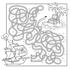 Maze or Labyrinth Game for Preschool Children. Puzzle. Tangled Road. Coloring Page Outline Of Cartoon Pirate ship with island of treasure. Coloring book for kids.