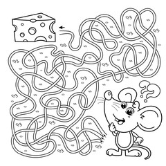 Fototapeta premium Maze or Labyrinth Game for Preschool Children. Puzzle. Tangled Road. Matching Game. Coloring Page Outline Of Cartoon mouse with cheese. Coloring book for kids.