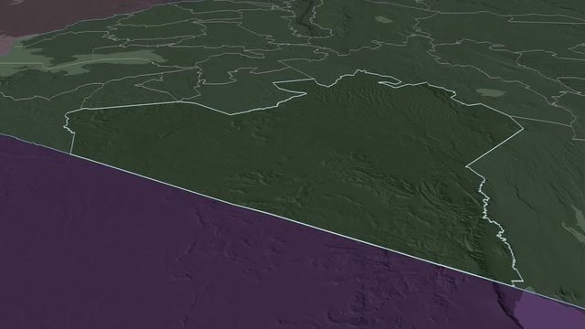 Narok, county with its capital, zoomed and extruded on the administrative map of Kenya in the conformal Stereographic projection. Animation 3D