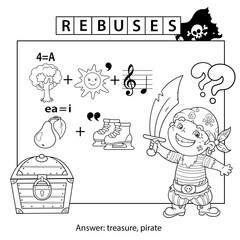 Rebus or logic puzzle game for Children. Coloring Page Outline Of Cartoon Pirate with Treasure chest. Coloring book for kids. - obrazy, fototapety, plakaty