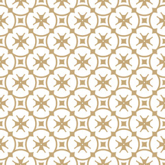 Vector golden floral seamless pattern. Luxury geometric background with grid, lattice, flower shapes, crosses, stars, repeat tiles. Simple abstract oriental texture. White and gold ornament design