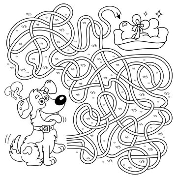 Maze or Labyrinth Game for Preschool Children. Puzzle. Tangled Road. Matching Game. Coloring Page Outline Of Cartoon Dog with bone. Coloring book for kids.