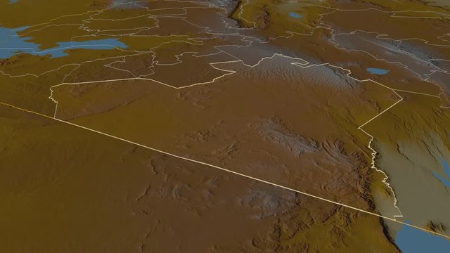 Narok, county with its capital, zoomed and extruded on the relief map of Kenya in the conformal Stereographic projection. Animation 3D